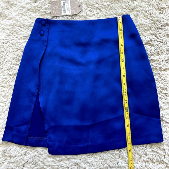 *NWT* Meshki Cobalt Blue Asymmetrical Mini Satin Wrap Skirt Size S - Picture 5 of 8